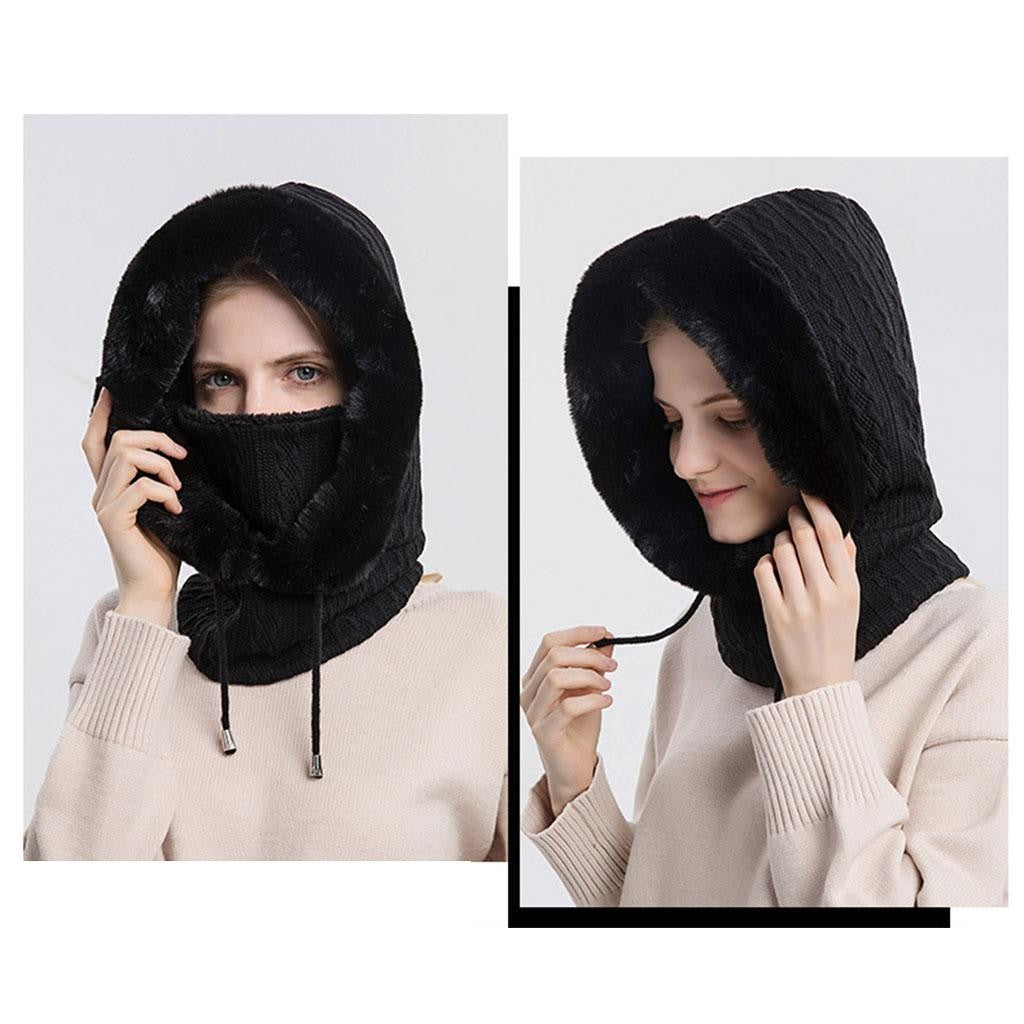 Windproof Hat Scarf Mask Set Winter Womens Hood Fur  Knitted for Camping Ladies