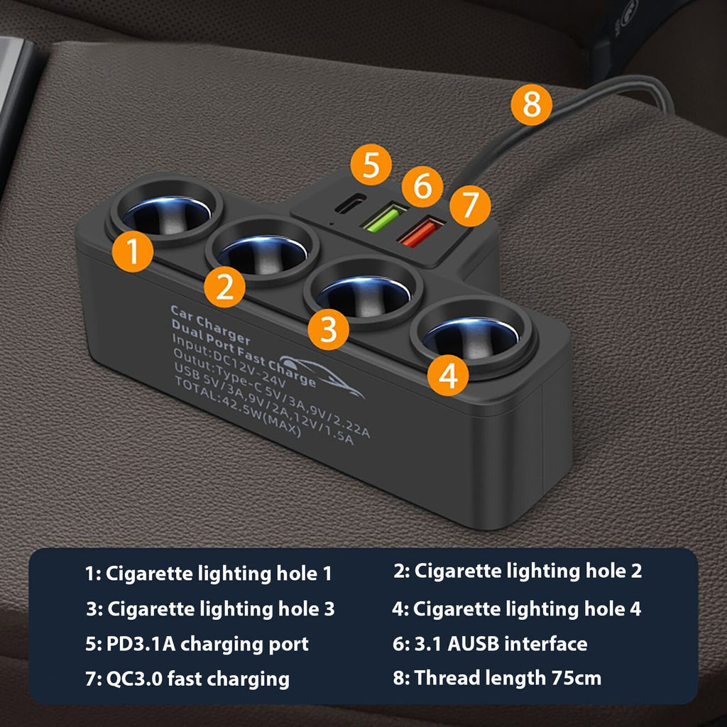 4 Way Multi Socket Car Cigarette Lighter Splitter USB Charger Adapter 12V 24V UK
