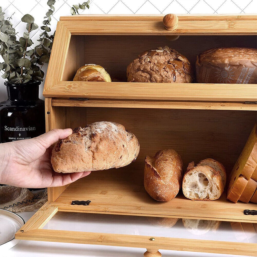 2 Tier Bamboo Bread Bin Double Layer Kitchen Storage Container Loaf Bread Box UK