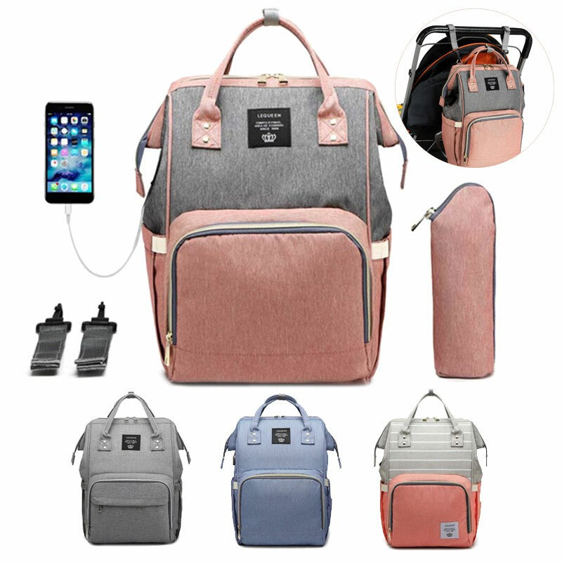 LEQUEEN USB Diaper Bag Backpack Baby Nursing Maternity Organizer Bags Waterproof