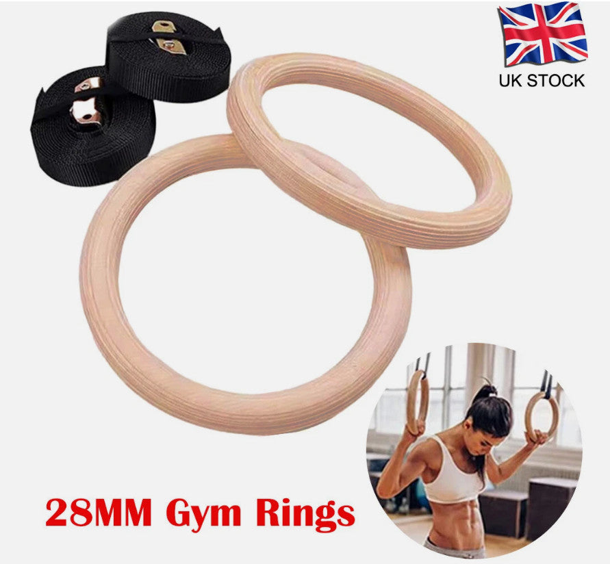 1Pair 28mm Wooden Gymnastic Ring With Adjustable Straps Home Gym Fitness Ring