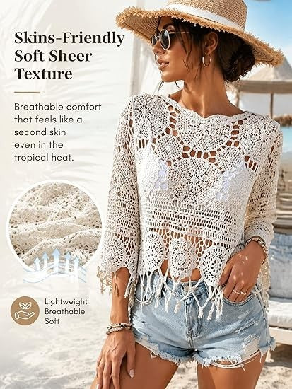 Women's Plain Fringe Trim Cut Out Sheer Cover Up-Boho Scallop Trim 3/4 Sleeve