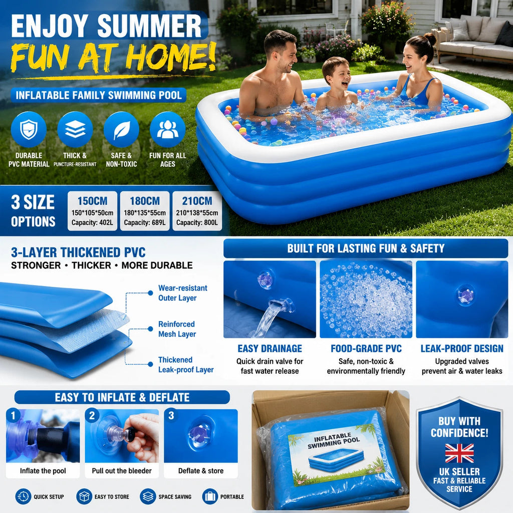 Large Family Inflatable Swimming Pool Outdoor Garden Kids Summer Paddling Pool