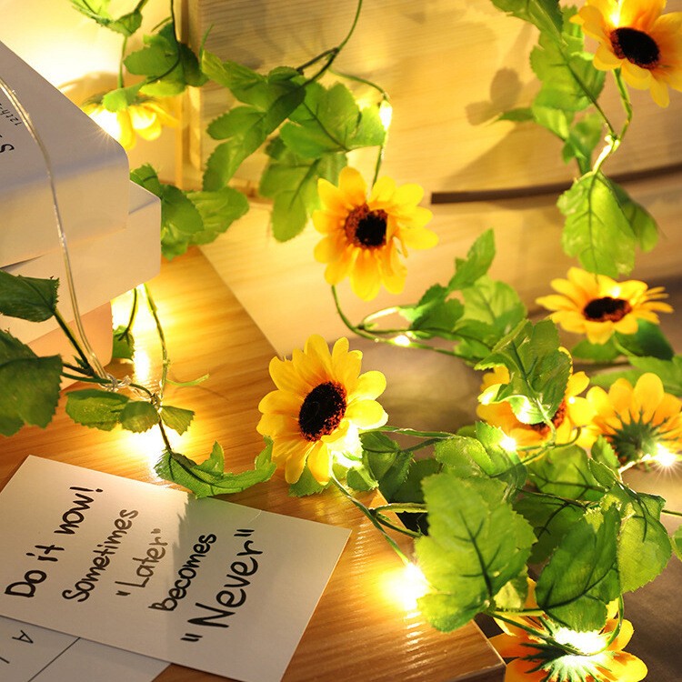 LED Solar Powered Sunflower Fairy String Lights Outdoor Garden Wall Fence Lamp