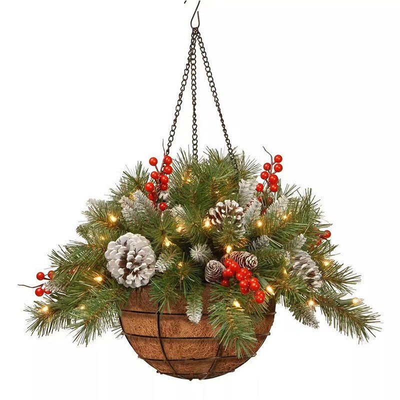 Christmas Artificial Flower Hanging Basket w/ LED Lights Xmas Garden Home Decor
