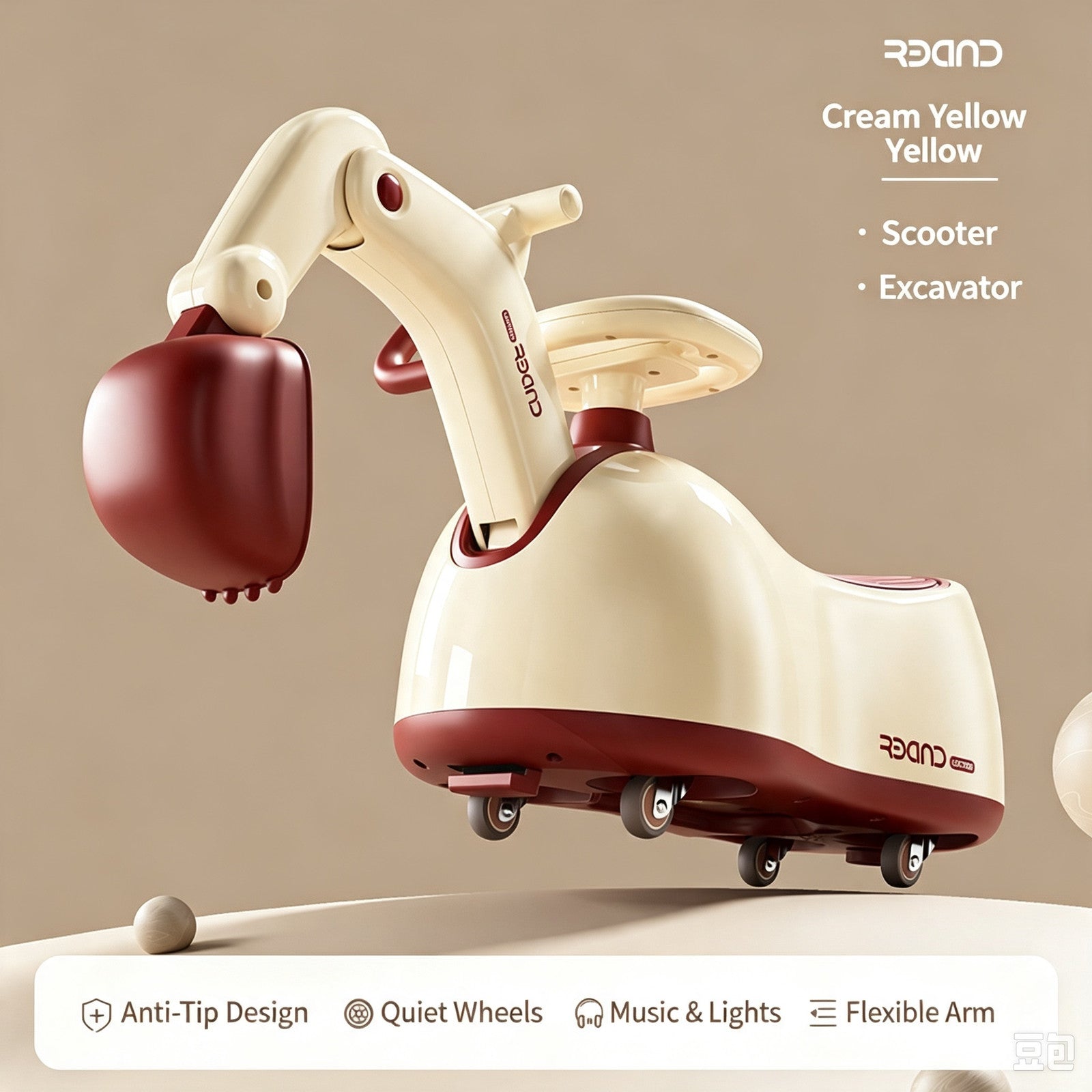 Kids Ride On Excavator Toy 3 in 1 Rocker Scooter Music Light Storage Seat