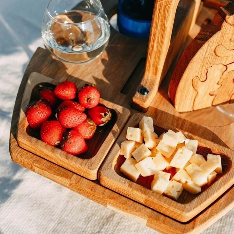 Wooden Foldable Picnic Side Table Wine Glass Holder Portable Outdoor Desk