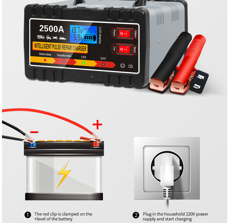 2500A Heavy Duty 12/24V Automatic Car Battery Charger Smart Pulse Repair Trickle