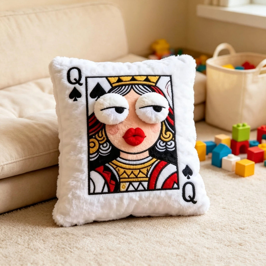 Adorable Plush Embroidered Poker Queen Cushion Soft Bed Pillow