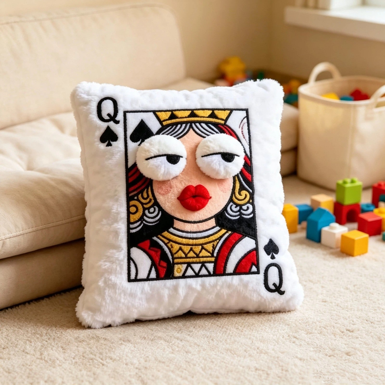 Adorable Plush Embroidered Poker Queen Cushion Soft Bed Pillow