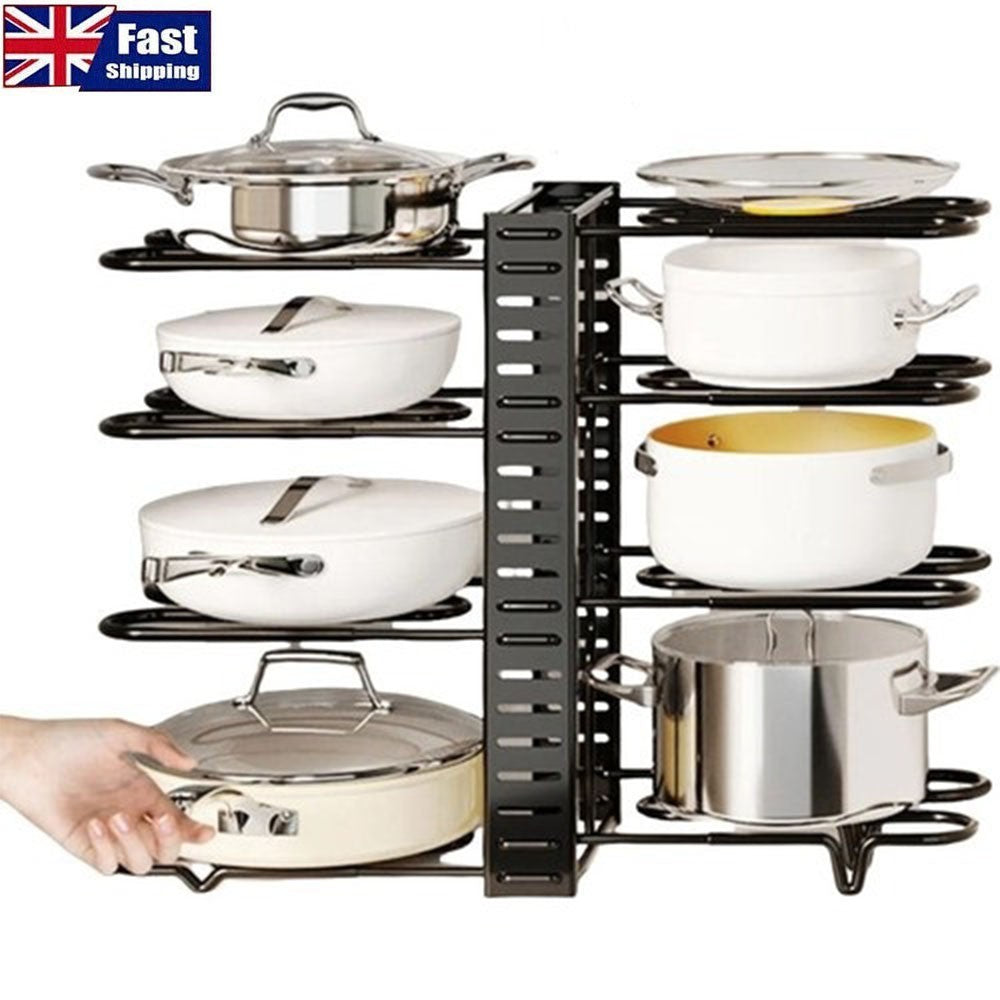8 Tiers Non-slip Pot Rack Organizer Lid Pan Storage Holder Shelf Space Saving UK