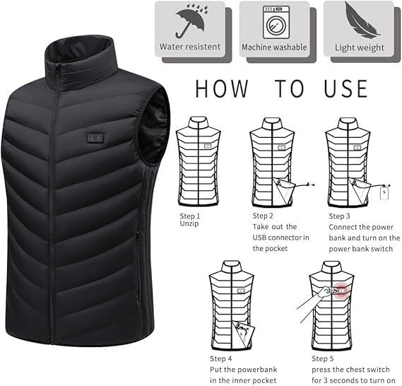 USB Men Electric Heated Vest Jacket 9 Zone Warm Up Heating Pad Cloth Body Warmer