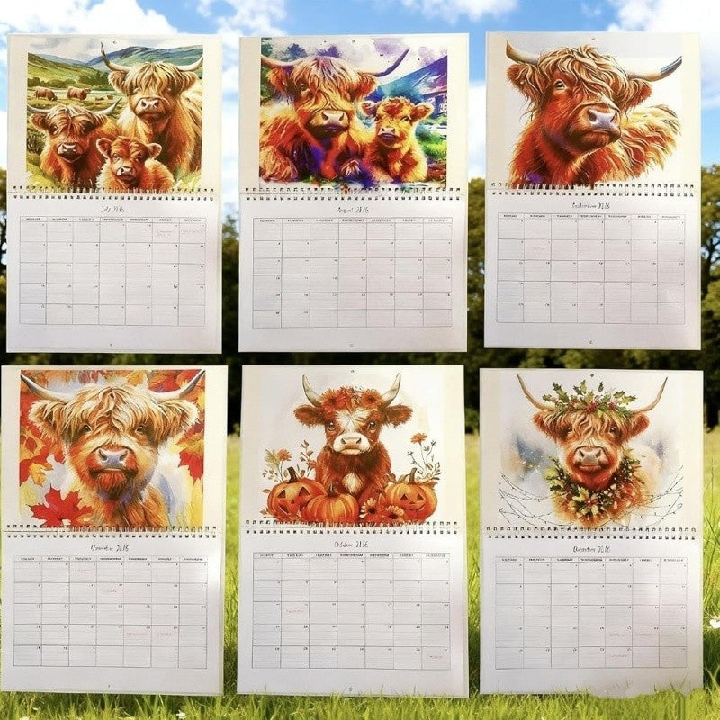 Highland Cow Calendar 2027, Watercolour Cows Monthly Planner Scottish Wall Decor