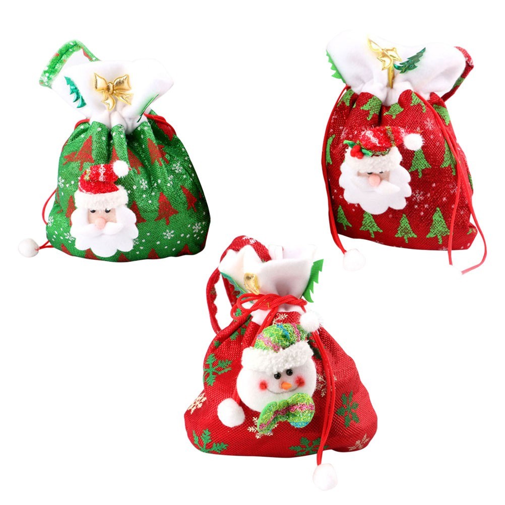 3Pcs Durable Christmas Gift Bags Candy Pouch Set Santa Snowman Designs