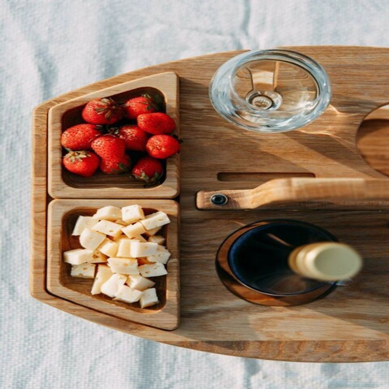 Wooden Foldable Picnic Side Table Wine Glass Holder Portable Outdoor Desk