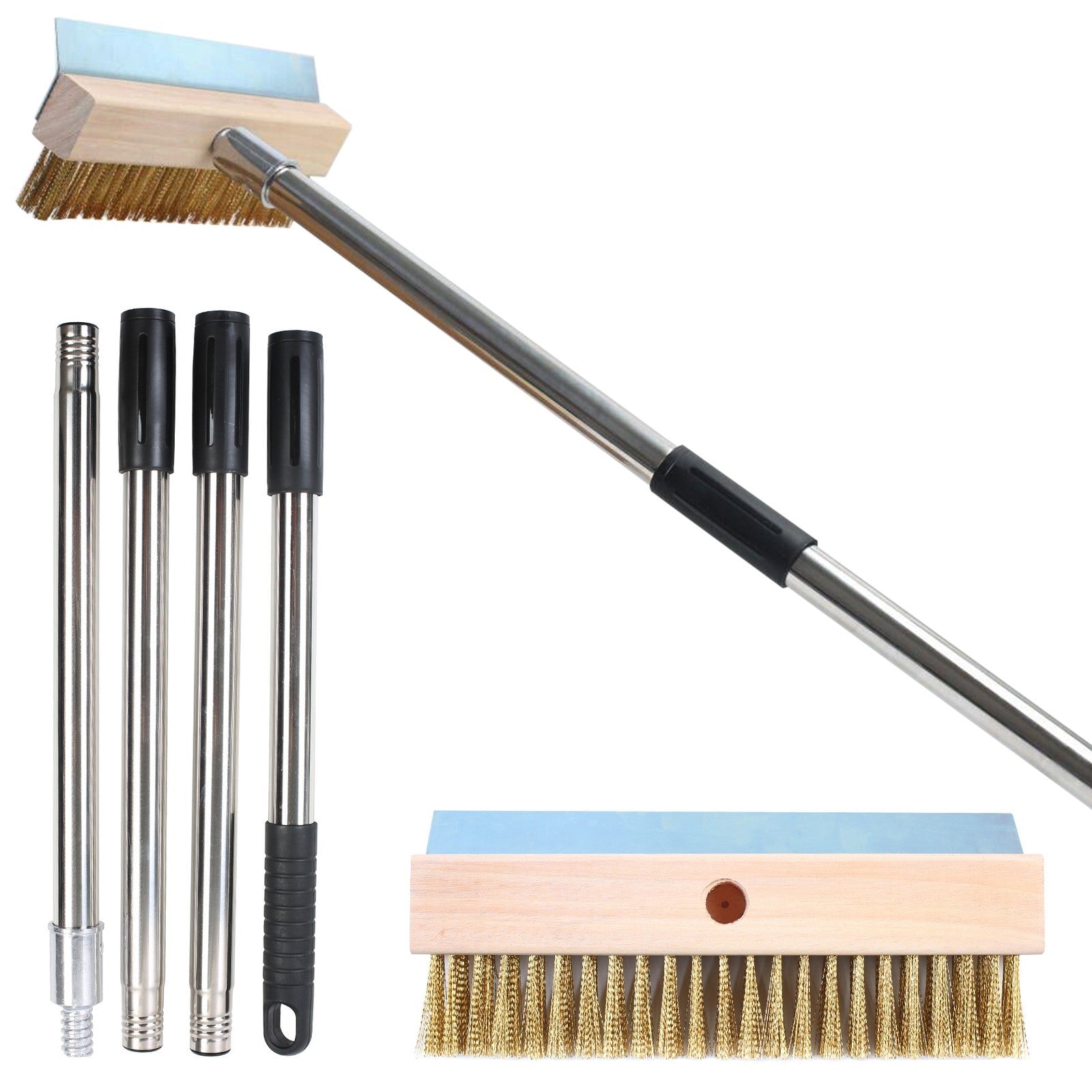 1.6m Top Quality Pizza Oven Brush &Steel Handle Brass Bristles & Steel Scraper