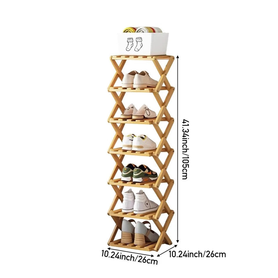 7 Tier Vertical Bamboo Folding Shoe Rack Storage Organizer Stand Corner Shelf UK