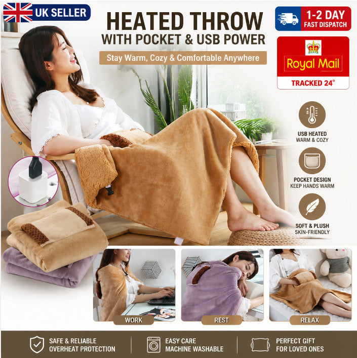 Electric Heated Throw Over Blanket Large Warm Washable Fleece Winter Warming USB