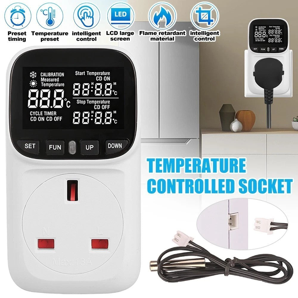 Digital Thermostat Temperature Controller Sensor Socket Timer Meter UK Plug