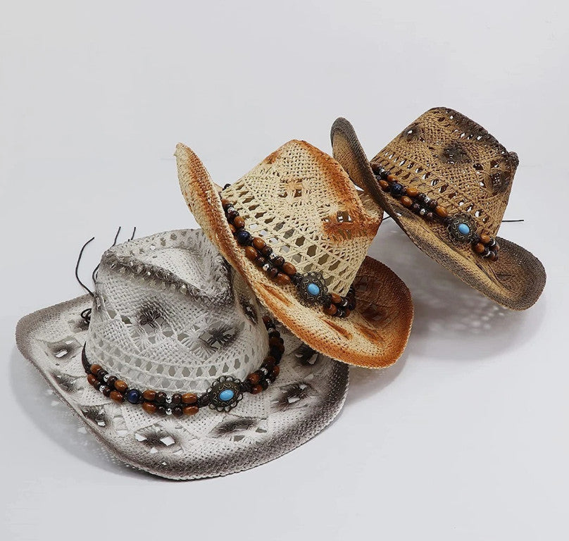 Mens Womens Straw Cowboy Hat Summer Sun Ladies Panama Natural Hats UK