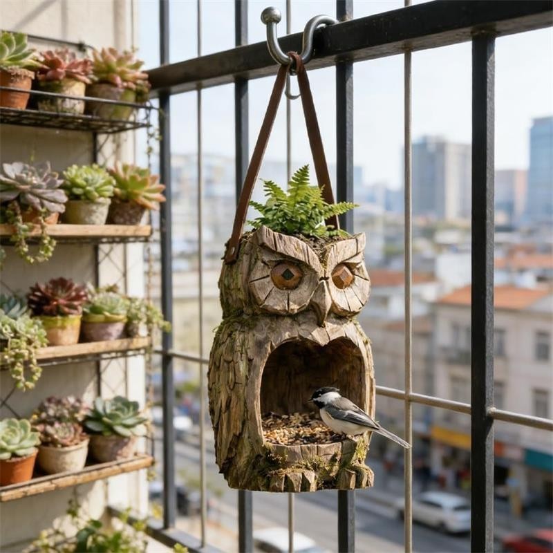 Resin Bird Feeder, Owl Shape Hanging Bird Feeder for Outside Funny Birds Feeders