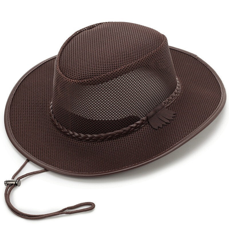Men Mesh Cowboy Hat Cap Jazz Fedora Western Sun Wide Brim Summer Beach Retro Hat