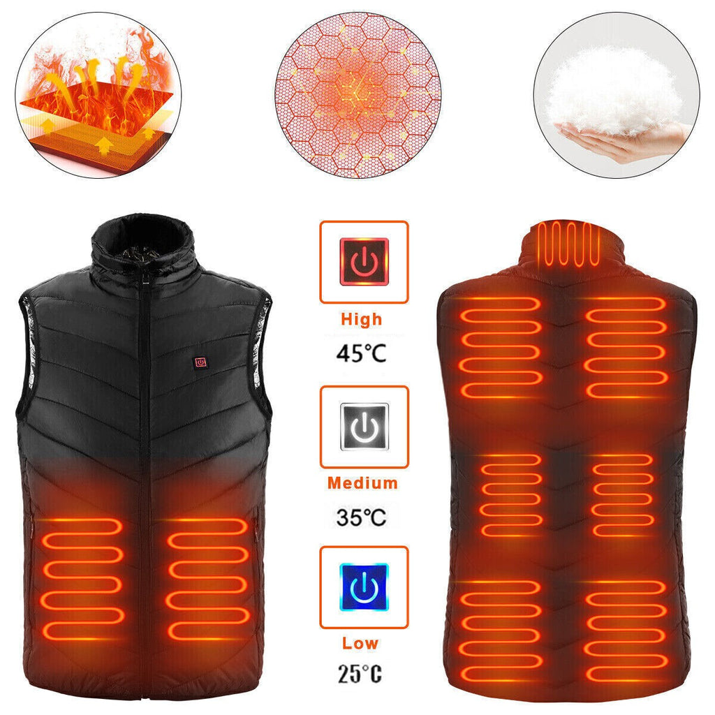 USB Men Electric Heated Vest Jacket 9 Zone Warm Up Heating Pad Cloth Body Warmer