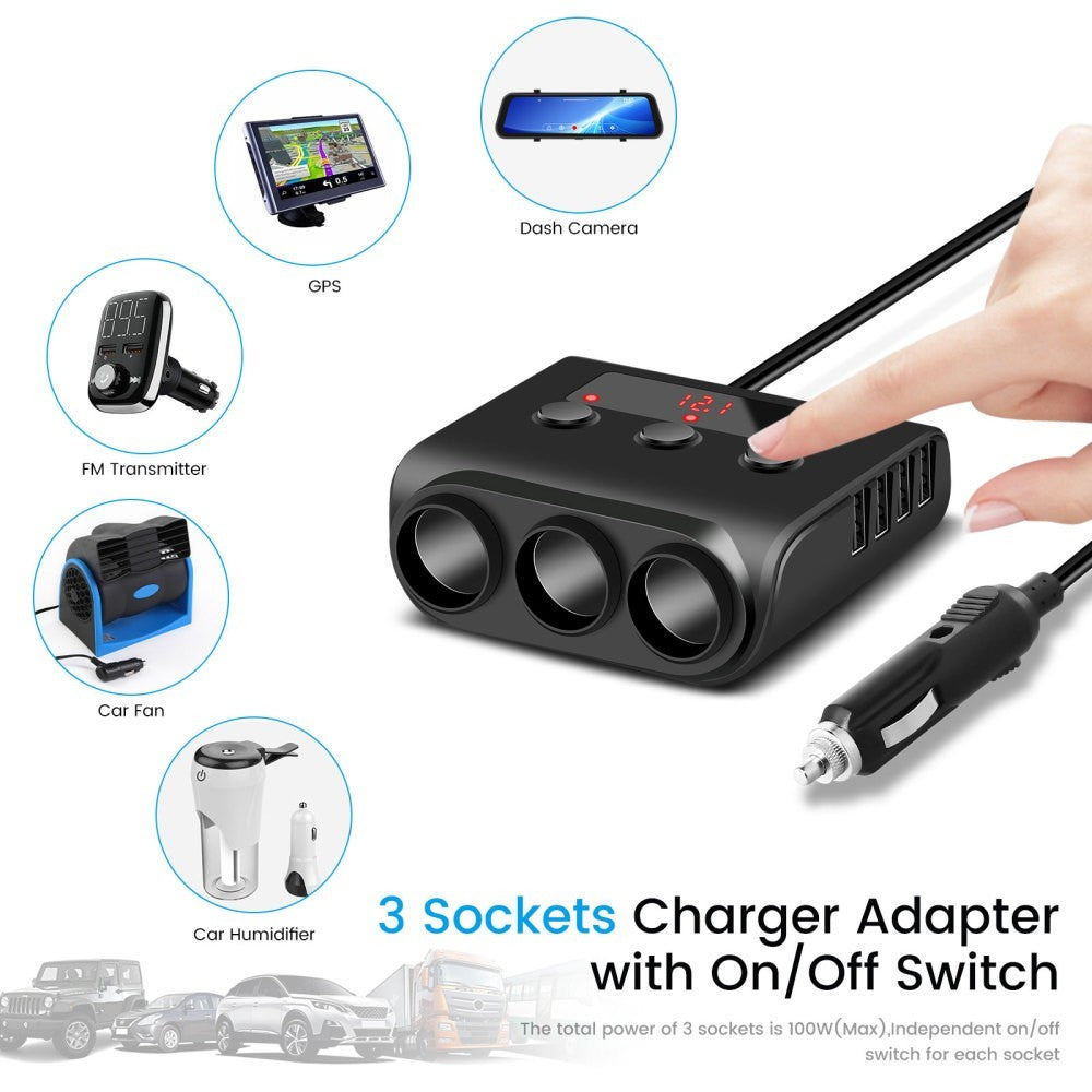 3 Way Cigarette Lighter Socket Splitter 12V 24V 4 USB Plug Multi Charger Adapter