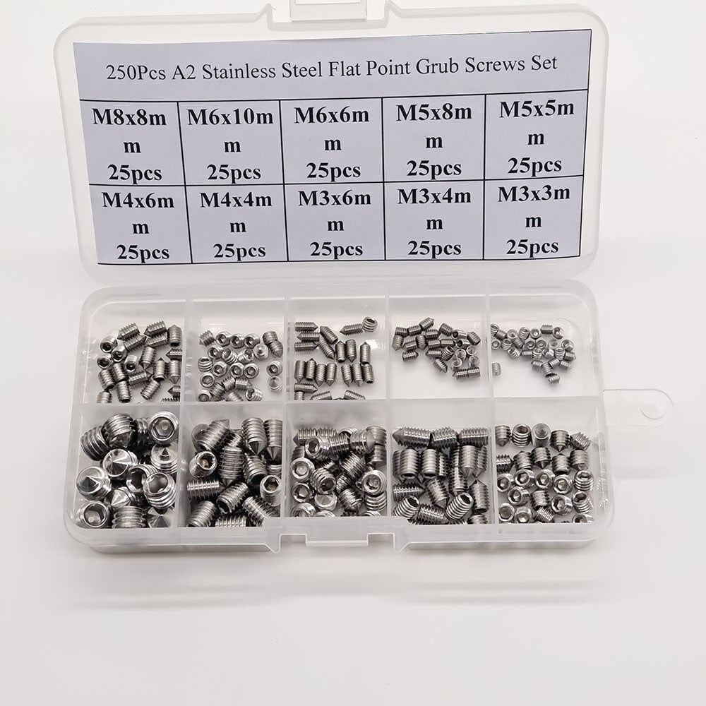 500Pcs A2 Cone Point Grub Screws M3 M4 M5 M6 M8 Hex Socket Set Screw Box Set