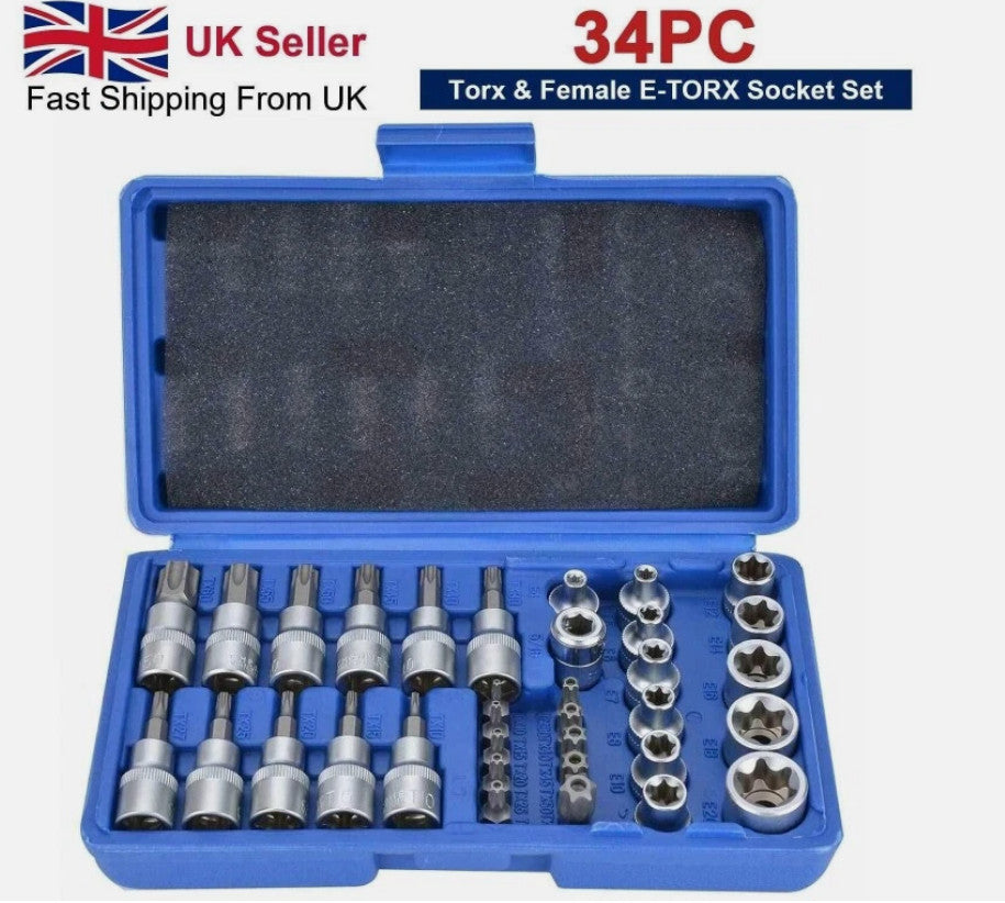 34pcs Torx Star Socket & Bit Set Male Female E & T Sockets Torx Bits with Case👍