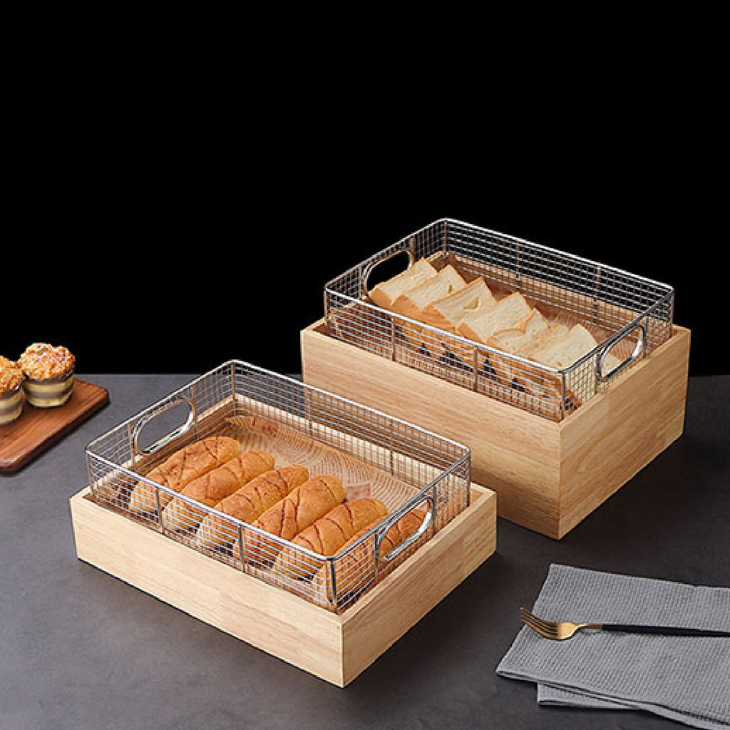 Stainless Steel Wire Food Baskets Buffet Basket Pan with Handle Baking Tool Food