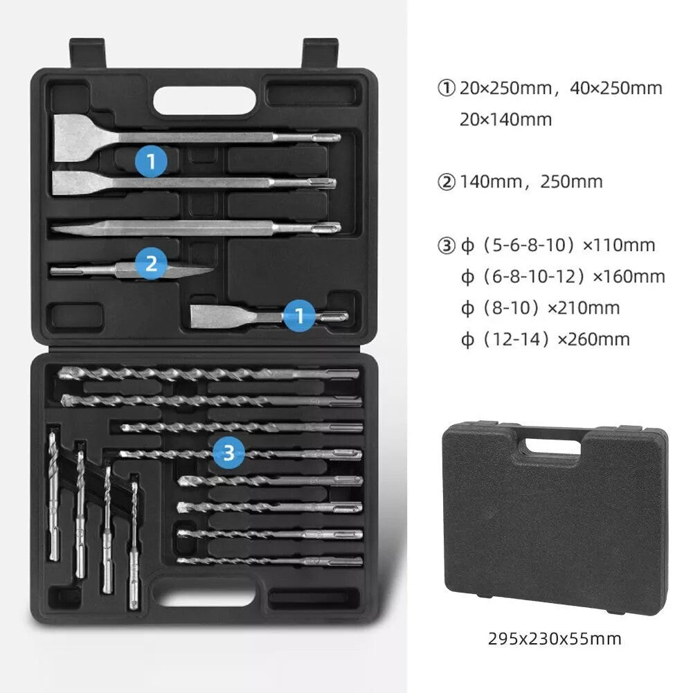 SDS Plus Rotary Hammer Drill & Chisel Bit Set Masonry Concrete Tile Brick 17PCS