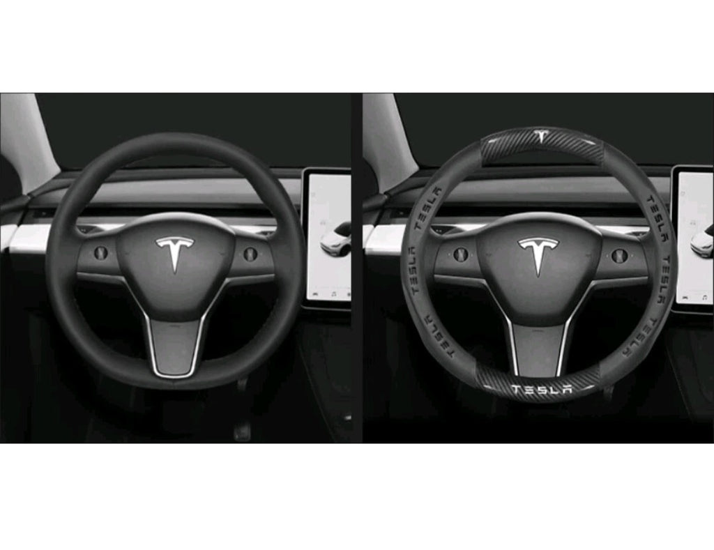 For Tesla All Models 2008-2025 15" Steering Wheel Cover PU Leather+Carbon Fiber