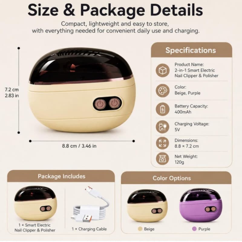 2-in-1 Smart Electric Nail Clipper&Polisher,,Rechargeable Automatic Nail Clipper