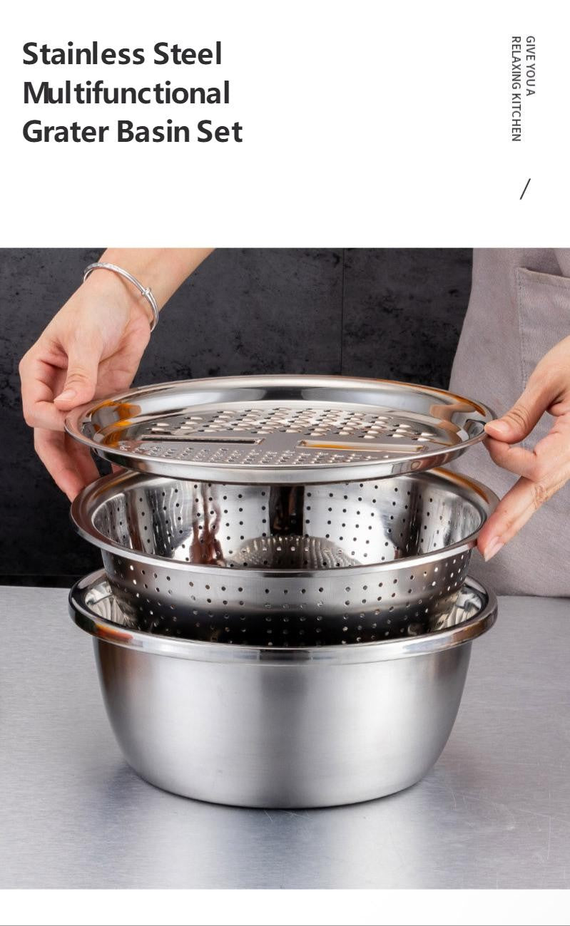 3 in 1 Stainless Steel Basin Strainer Julienne Grater Bowl and Strainer