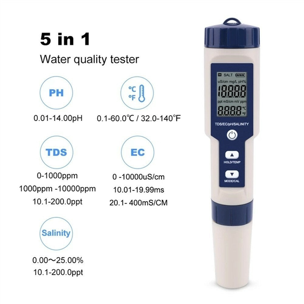 5in1 Water Quality Meter PH/TDS/Temp/EC/Salinity Meter High Accuracy Pen Tester