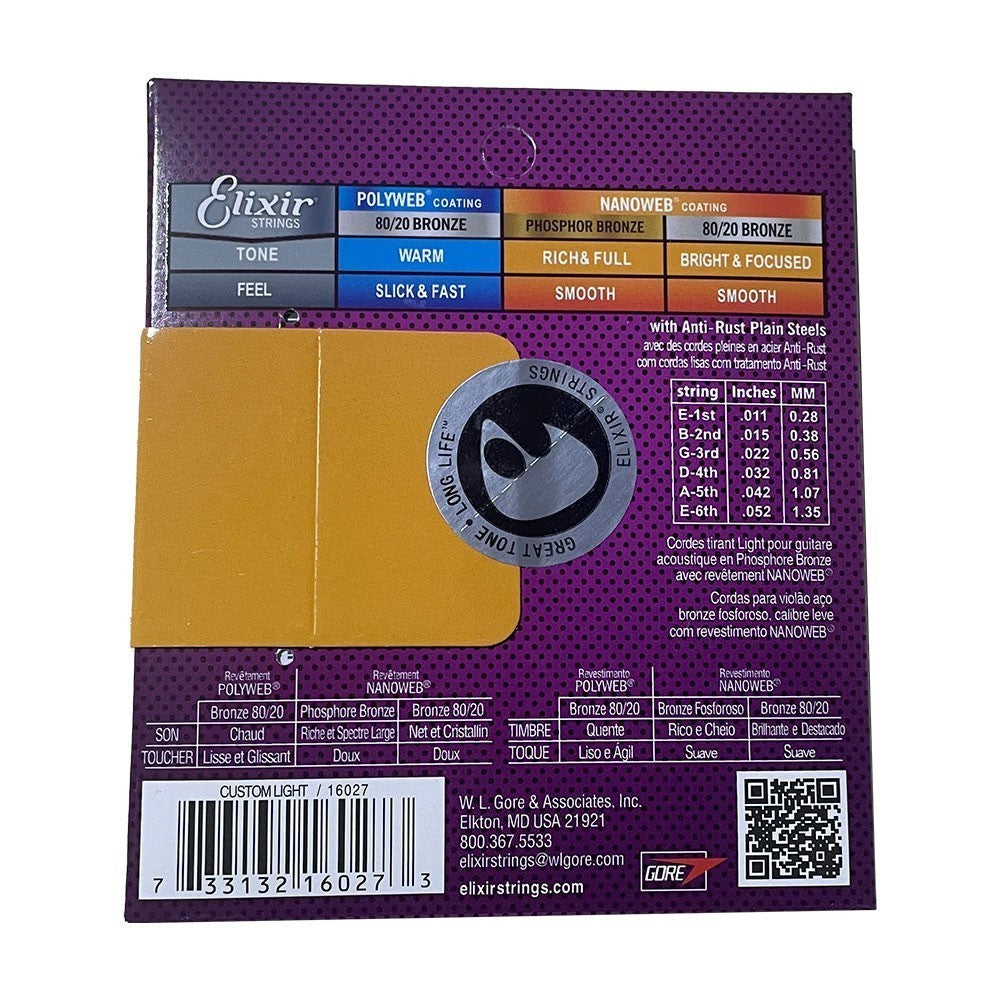 2×Elixir Nanoweb Phosphor Bronze 11-52 Acoustic Guitar Strings Light NN3