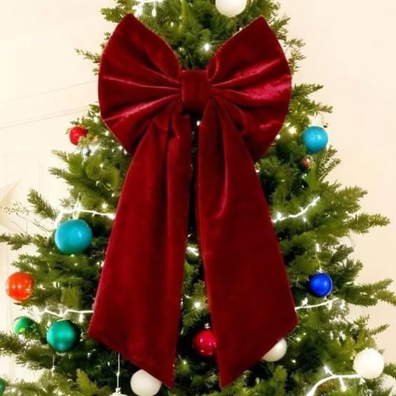 90cm Large Velvet Bowknot Christmas Tree Topper Retro Wine Red Bow Ornament