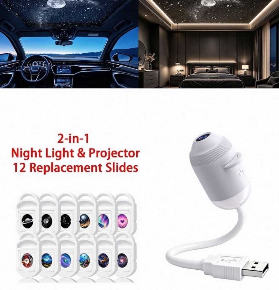 2-in-1 Galaxy Projector Night Light USB Projection Lamp with 12 Projection Films