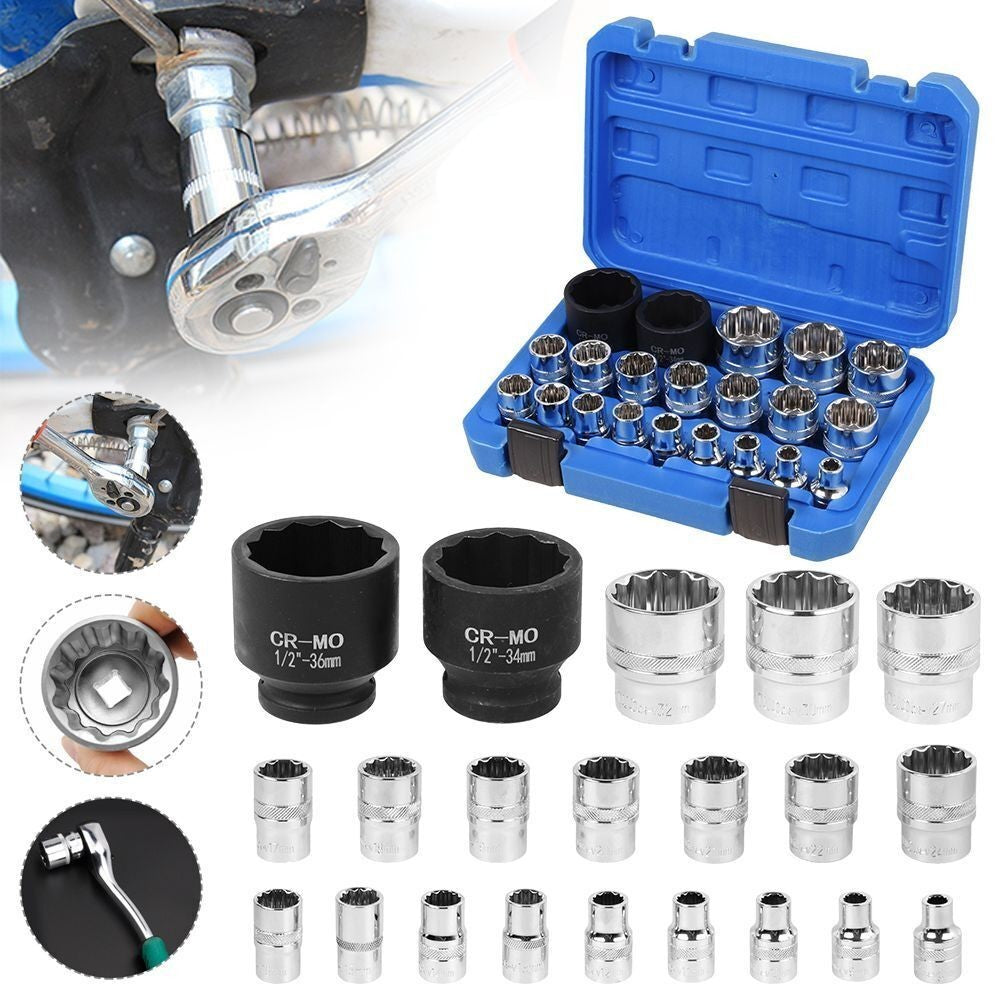 12-point 8-36mm CR-V Metric Sockets 21Pcs 1/2" Drive Universal Spline Socket UK