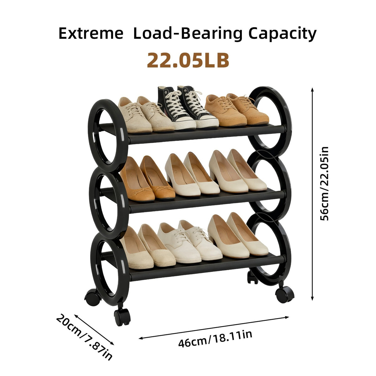 3-Tier Rolling Shoe Rack with Wheels,Circular Design Metal Storage Shelf