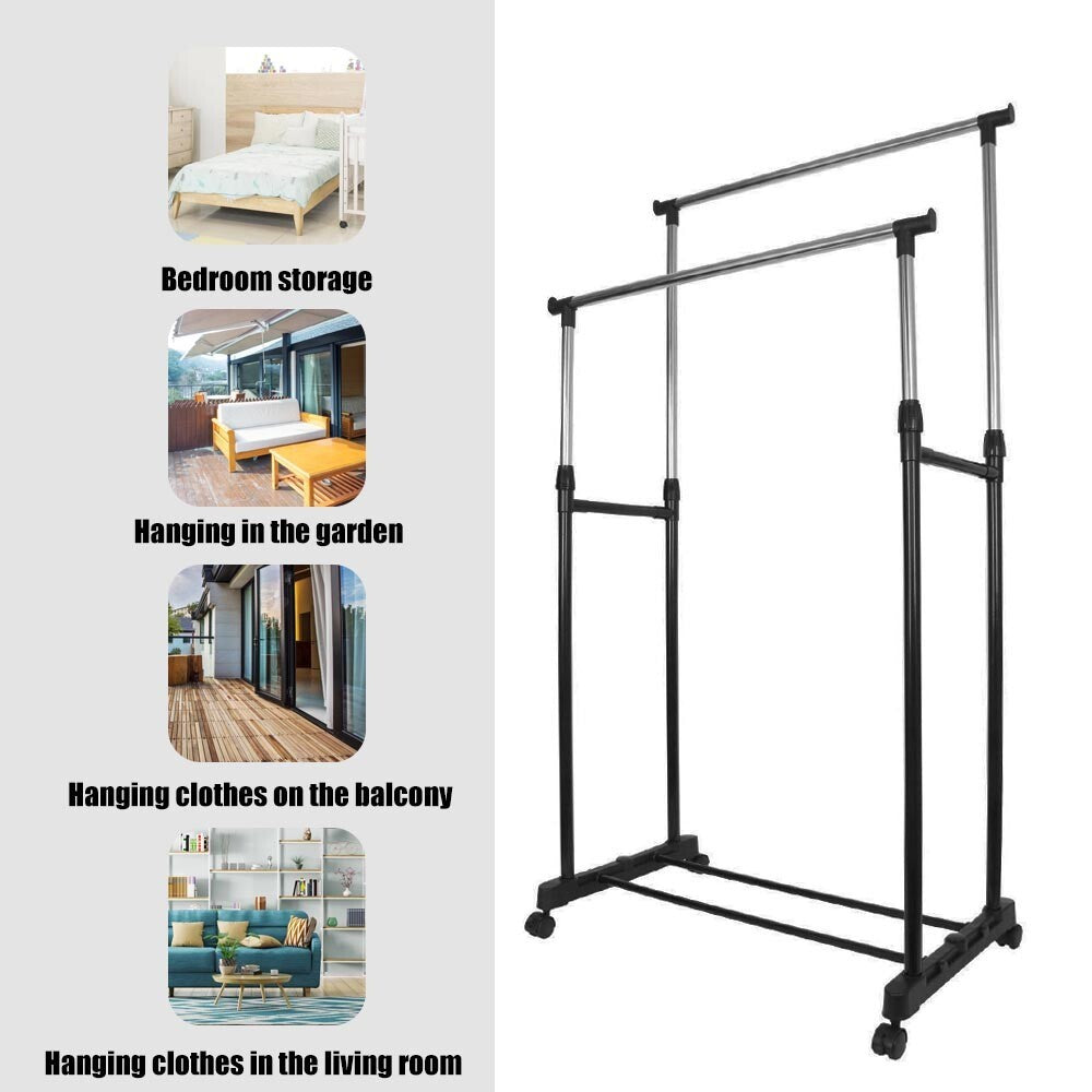 ADJUSTABLE MOBILE CLOTHES COAT GARMENT HANGING RAIL RACK STORAGE STAND ON WHEELS