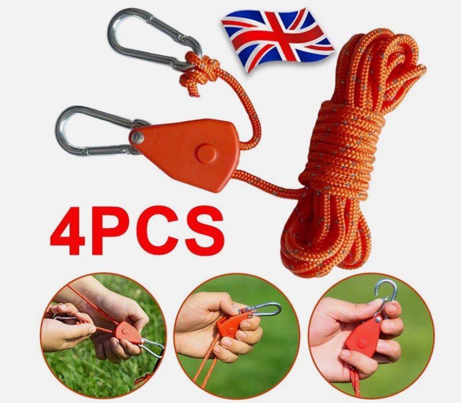 4Pcs Adjustable Camping Ratchet Pulley Tent Guide Rope Guy Line Tensioner 4M