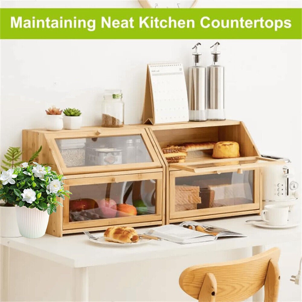 2 Tier Bamboo Bread Bin Double Layer Kitchen Storage Container Loaf Bread Box UK