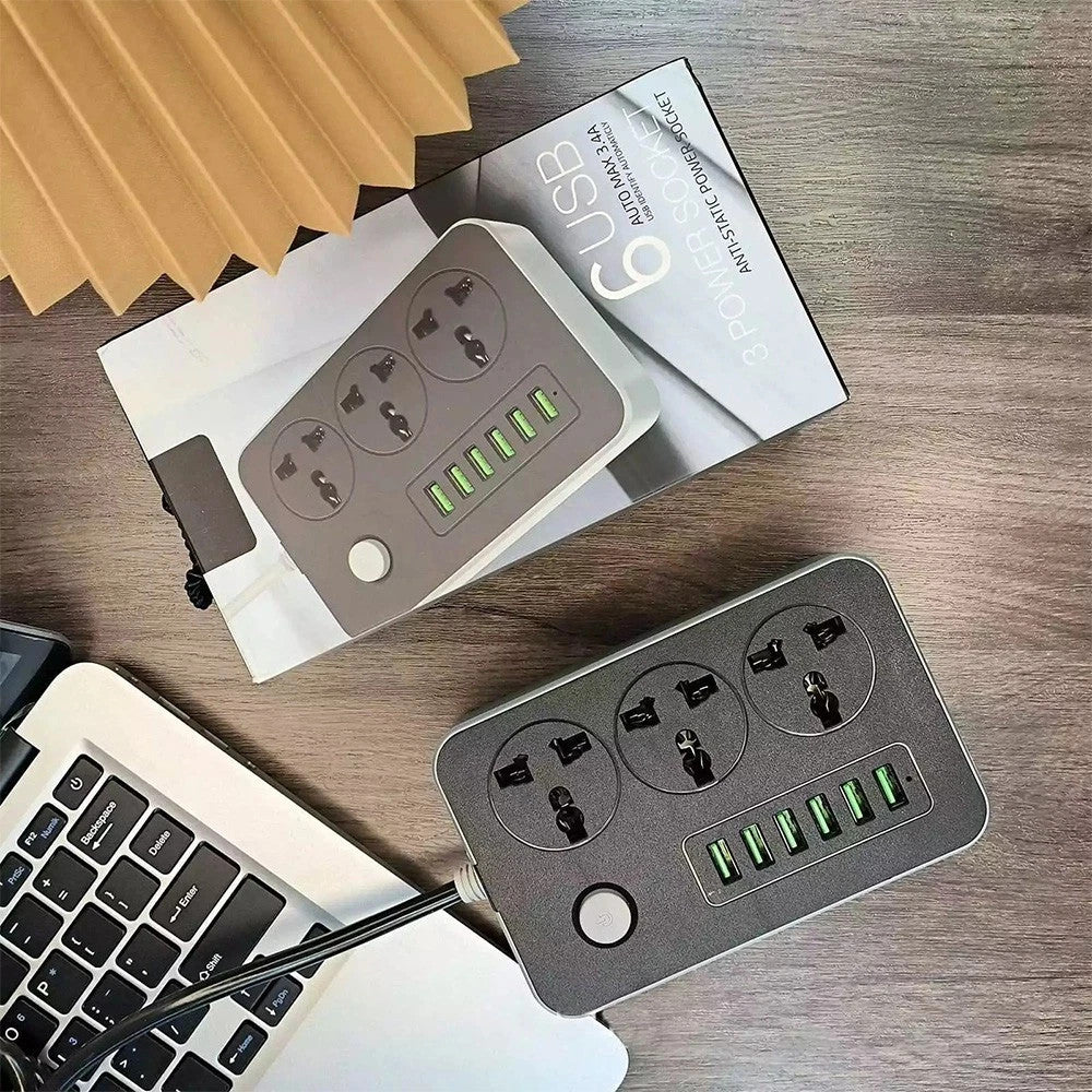 Extension Lead with 6 USB Cable Electric Plug Socket UK Mains Power 3 Gang Way