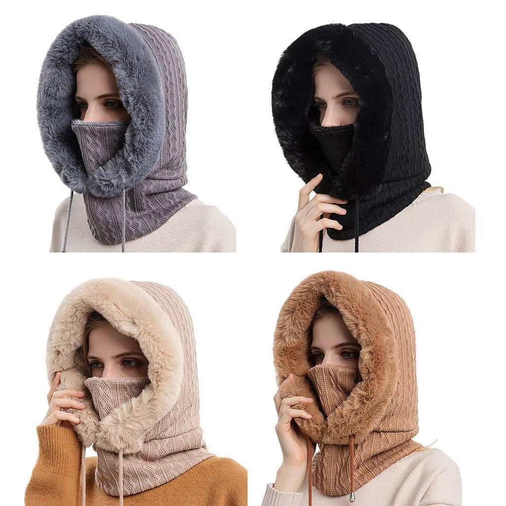 Windproof Hat Scarf Mask Set Winter Womens Hood Fur  Knitted for Camping Ladies