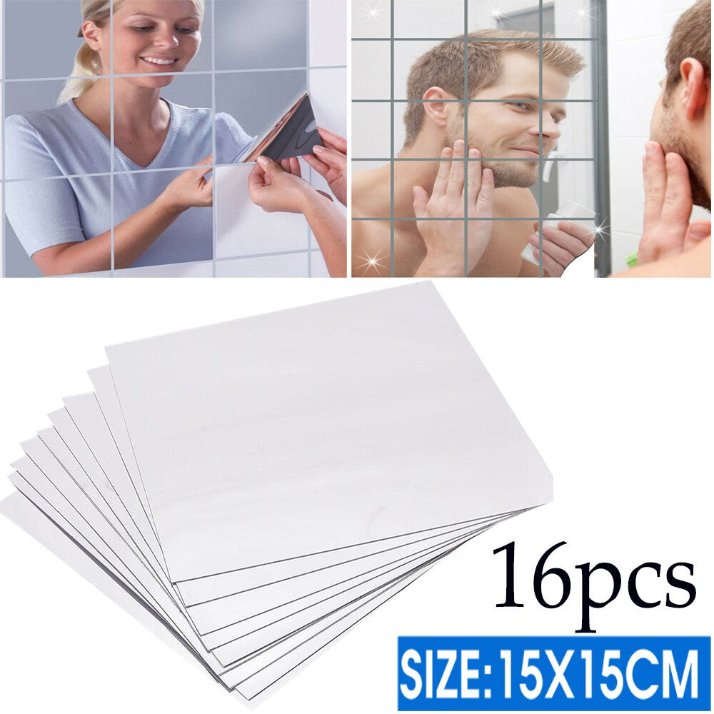 16Pcs Mirror Tiles Wall Sticker Self Adhesive Square Stick On Art Home Decor