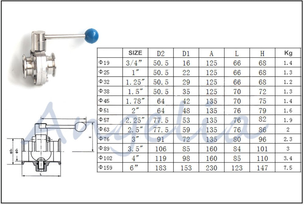 1" Stainless Steel 304 Sanitary Butterfly Valve Tri-Clamp Silicone Sealing