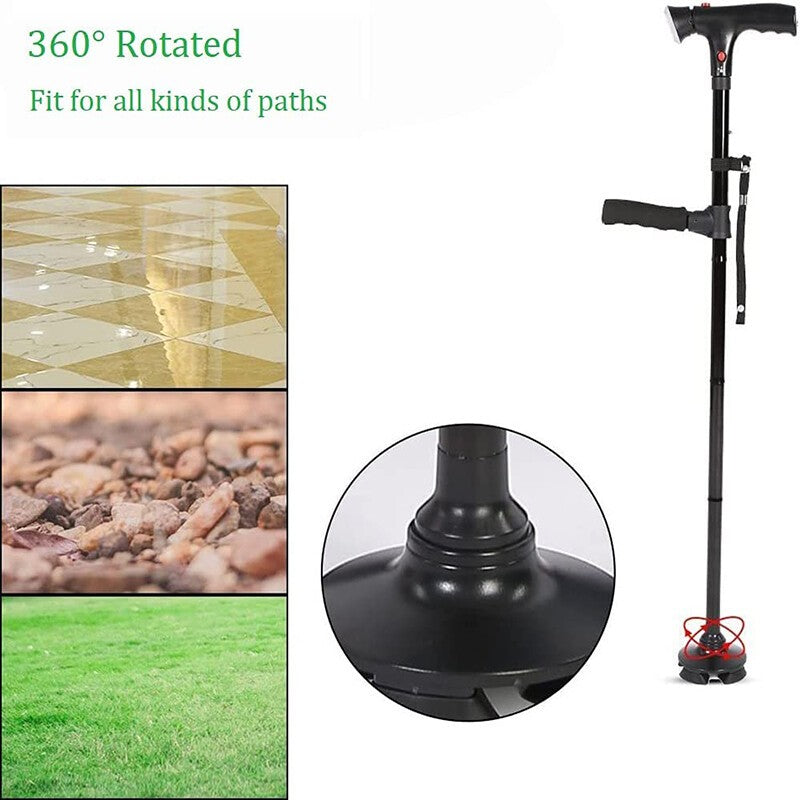 1X Elder Folding Walking Stick Walking Cane Height Adjustable LED Light Alarm