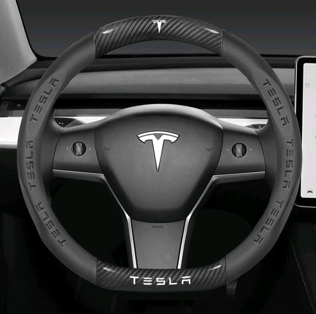 15" PU Leather & Carbon Fiber Steering Wheel Cover for 2008-2025 Tesla All Model